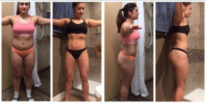 a woman showing her progress from working out with before and after pictures. In her before pictures she is wearing pink and orange and in the after pictures she is wearing black.